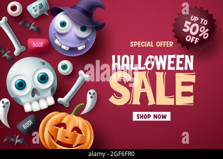 Halloween vendita vettore banner sfondo design. Halloween offerta speciale testo sconto con carino e spaventoso carattere emoji per gli annunci promozionali. Vettore Illustrazione Vettoriale