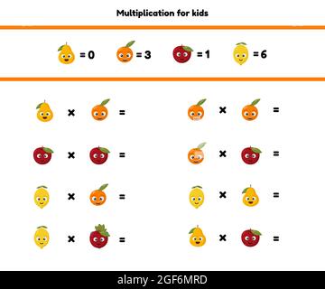 Illustrazione vettoriale. Gioco di matematica per bambini in età prescolare e scolastica. Contare e inserire i numeri corretti. Moltiplicazione. Frutta. Illustrazione Vettoriale