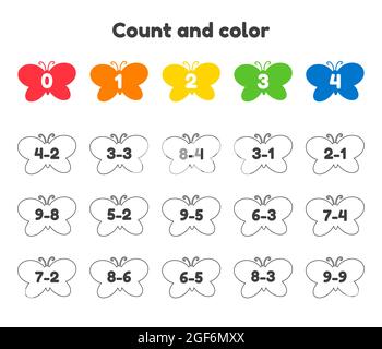 Illustrazione vettoriale. Numero libro da colorare per bambini. Foglio di lavoro per prescolare, asilo e età della scuola. Sottrazione. Conteggio e colore. Farfalle. Illustrazione Vettoriale