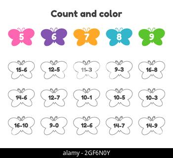Illustrazione vettoriale. Numero libro da colorare per bambini. Foglio di lavoro per prescolare, asilo e età della scuola. Sottrazione. Conteggio e colore. Farfalle. Illustrazione Vettoriale
