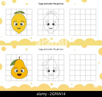 Gioco educativo per l'attenzione per i bambini di asilo e età prescolare. Ripetere l'illustrazione. Copiare e colorare l'immagine. Frutta. Pera e l Illustrazione Vettoriale