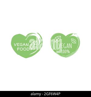 Set di icone per etichette vettoriali per alimenti e prodotti vegani. set di adesivi con cerchio vegano al 100%. Illustrazione Vettoriale