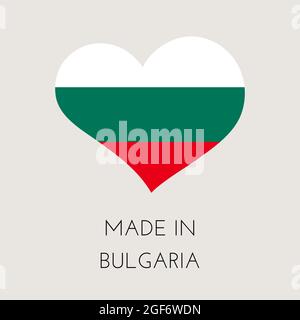 Etichetta a forma di cuore con bandiera bulgara. Adesivo fabbricato in Bulgaria. Concetto di fabbrica, produzione e paese di produzione. Illustrazione dello stock vettoriale Illustrazione Vettoriale