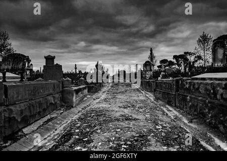 Percorsi storici che conducono attraverso il vecchio cimitero di Ballarat in una giornata cupa e cupa in bianco e nero Foto Stock