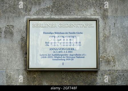 Targa commemorativa di otto von Gierke e Anna von Gierke, Berlino, Germania Foto Stock
