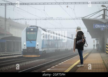 Donna viaggiatore in piedi sulla piattaforma della stazione ferroviaria e guardando arrivare treno dalla nebbia. Backpacker viaggio in treno Foto Stock