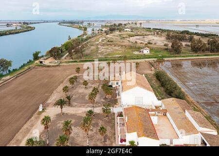 Fiume Ebro, fattoria Tramontano, campi di riso allagati e una zona secca coltivata sperimentalmente con riso dryland, vista aerea, fuco, Ebro Foto Stock