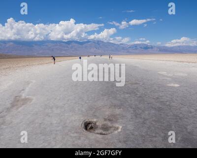 Crosta di sale a Badwater Basin, saline a Death Valley, punto più basso in Nord America, Death Valley National Park, California, USA Foto Stock