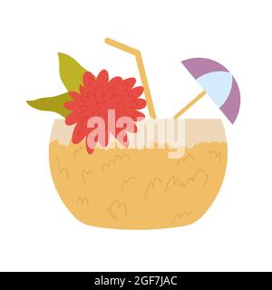 Cocktail al cocco con illustrazione vettoriale con cannuccia e ombrello. Cocktail estivo sulla spiaggia Cartoon con frutta tropicale, succo di frutta fresco dolce bevanda isolata su bianco Illustrazione Vettoriale
