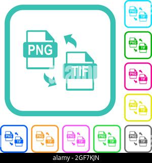 Conversione file PNG TIF icone piatte dai colori vivaci con bordi curvi su sfondo bianco Illustrazione Vettoriale