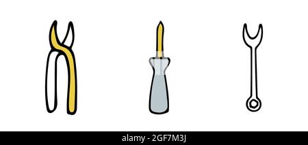 Illustrazione vettoriale degli strumenti per la riparazione in stile doodle. Giallo e grigio. Illustrazione vettoriale. Illustrazione Vettoriale