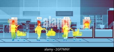 rilevamento di temperatura corporea elevata delle persone che camminano in supermercato controllo da non-contatto termocamera di arresto coronavirus Illustrazione Vettoriale
