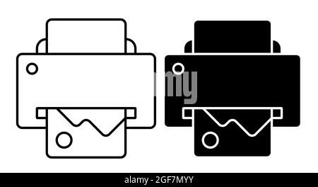 Icona lineare. Stampante a getto d'inchiostro. Stampa di documenti in ufficio tramite copiatrici. Semplice vettore bianco e nero su sfondo bianco Illustrazione Vettoriale