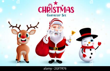 Set vettoriale dei caratteri di Natale. Babbo natale, renna e snowman personaggio di natale 3d con simpatiche ed amichevoli espressioni facciali per la stagione natalizia. Illustrazione Vettoriale