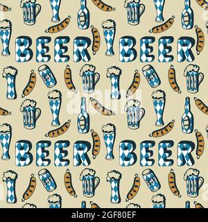 Oktoberfest birra modello doodle disegni, birra vetro bicchiere salsiccia bottiglia vaso, lettere BIRRA. Illustrazione vettoriale Illustrazione Vettoriale