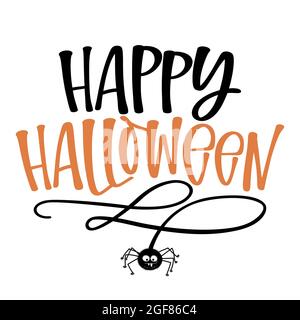 Halloween felice - citazione di Halloween su sfondo bianco con un ragno appeso carino e jack o lanterna zucca. Ideale per t-shirt, tazza, banner, regalo, pri Illustrazione Vettoriale