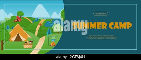 Campeggio avventura tempo vettore illustrazione Banner con attrezzatura piatta per escursioni Cartoon flayer Illustrazione Vettoriale