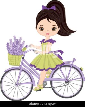 Bella ragazza carina bicicletta da equitazione con cesto di lavanda. Vector giovane ragazza con lavanda. Illustrazione Vettoriale