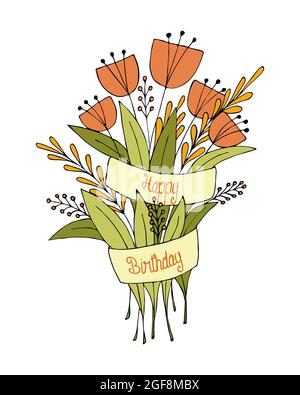 Buon compleanno spaghetti fiori, bouquet, congratulazioni, nastro con l'iscrizione, disegno a mano a colori, cartolina, su sfondo bianco. Illustrazione vettoriale Illustrazione Vettoriale
