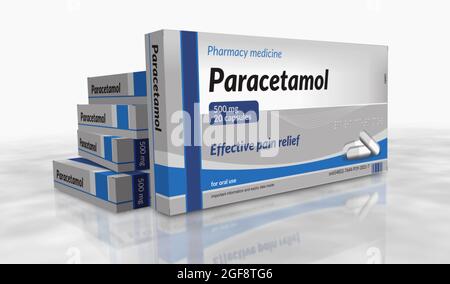 Linea di produzione di compresse di paracetamolo in scatola. Antidolorifico di emergenza, analgesico mal di testa e aiutare pillole mediche confezionare fabbrica. Concetto astratto rendering 3d i Foto Stock