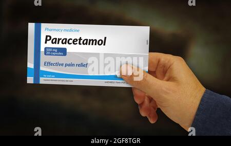 Scatola in compresse di paracetamolo in mano. Antidolorifico di emergenza, analgesico mal di testa e aiutare pillole mediche confezionare fabbrica. Illustrazione del rendering 3d concettuale astratto Foto Stock