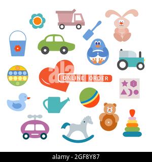 Illustrazione vettoriale Ordine online giocattoli Kid infanzia felice oggetti da gioco giocare in sabbia Cars Piramide Ball Rattle Tumbler Rabbit Penguin Smistatore Pop IT P Illustrazione Vettoriale