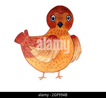 Acquerello disegno a mano di gallina marrone isolato su sfondo bianco. Uccello seduto in stile cartone animato. Design per copertine, sfondi, decorazioni Foto Stock