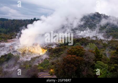 attività geotermica, acqua calda, nubi di vapore, natura, vegetazione, Panoramica, crepuscolo, luci, te Puia Maori centro culturale, Rotorua, Nuova Zelanda Foto Stock