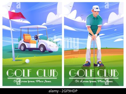 Poster golf club con campo verde, cart, giocatore Illustrazione Vettoriale