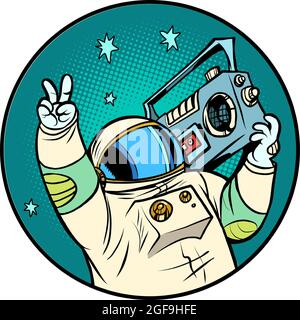 astronauta con boombox, disco musica retrò, audio portatile Illustrazione Vettoriale