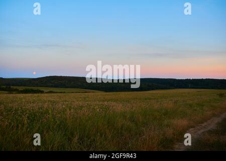 La luna piena sul campo e le colline al tramonto Foto Stock