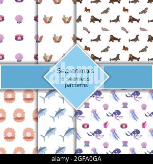 Set con sei animali marini senza giunture con tonno, polpo e meduse, conchiglie. Gli habitat sottomarini del mondo stampano. Collezione vita subacquea disegnata a mano. Divertente fumetto animali marini carattere Illustrazione Vettoriale