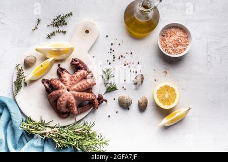 Un mix di frutti di mare su un piatto. Pesci, polpi, calamari, gamberi, lumache, limone ed erbe su sfondo bianco. Foto Stock
