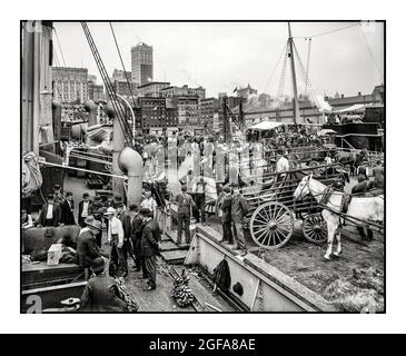 Banana vintage del 1900 sbarchi a New York una delle città portuali più trafficate del mondo, le aziende produttrici di frutta hanno iniziato a spedire grandi quantità di banane sulle navi che arrivano ai “banani portuali” presso i moli Old Slip vicino a Wall Street. CA. 1890-1910. New York America USA Foto Stock