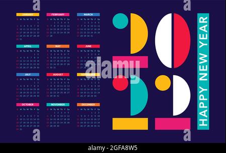 Calendario da parete colorato 2022 su sfondo blu. Figure astratte nello stile del suprematismo o cubismo Illustrazione Vettoriale