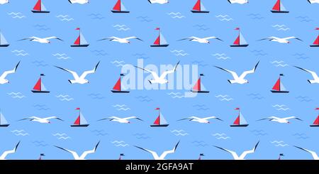Barca a vela sulle onde e gabbiani su sfondo blu. Sfondo senza giunture. Simpatico motivo marino per tessuti, abbigliamento, tessuti, carta da imballaggio Illustrazione Vettoriale