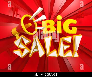 Lettere tridimensionali grande vendita e megaphone su uno sfondo luminoso di raggi rossi. rendering 3d Foto Stock
