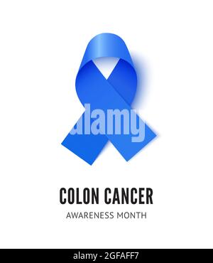 Illustrazione del vettore del nastro di consapevolezza del cancro del colon isolato su sfondo bianco. Nastro di seta blu vettoriale realistico con anello Illustrazione Vettoriale