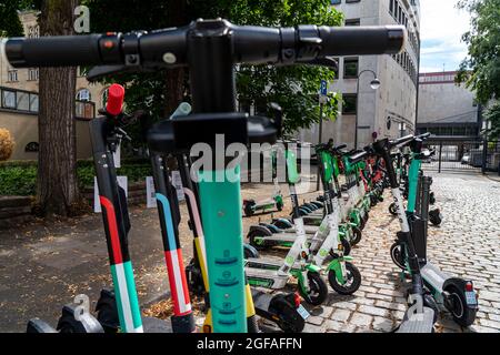 Elektroscooter, e-Roller Stehen a großer Anzahl, an der Street Burgmauer, di fronte alla Cattedrale di Colonia, area parcheggio legale, in parte designato da sig Foto Stock