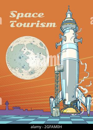 Turismo spaziale. Un razzo sulla piattaforma di lancio allo spazio. Fantascienza Illustrazione Vettoriale
