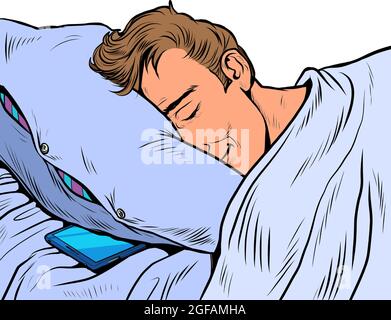 Un uomo bianco dorme in un letto su un cuscino, notte. Routine quotidiana degli uomini d'affari Illustrazione Vettoriale