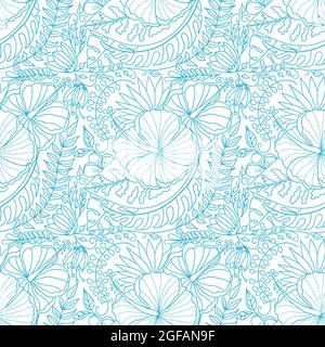 Vettore creativo Doodle modello senza cuciture con fiori tropicali e foglie di palma. Illustrazione Vettoriale