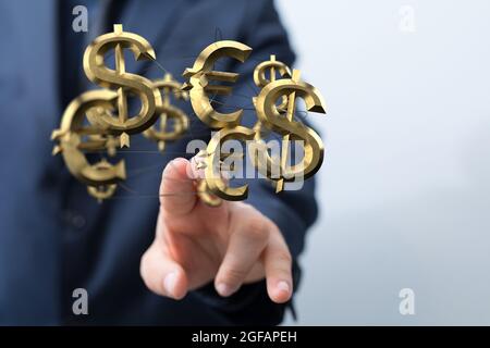 La mano del maschio che punta alle icone illustrate del dollaro e dell'euro Foto Stock