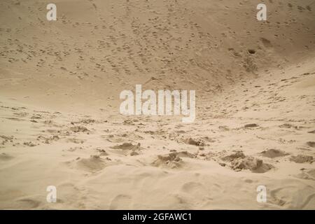 Impronte che attraversano un cratere in una duna di sabbia. Segni di persone che corrono su e giù il buco pieno di sabbia. Foto Stock