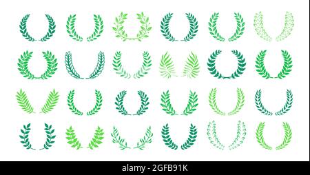 Laurel Wreath premio o verde erbaceo set. Premio corone circolare fogliate, risultato. Emblema simbolo di alta qualità rami collezione piante d'oliva. Logo nobiltà emblema illustrazione vettoriale Illustrazione Vettoriale