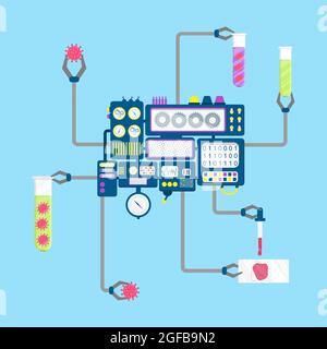 Macchina con artigli che manipolano virus in laboratorio. Campione in provetta e in lastra di vetro. Illustrazione Vettoriale