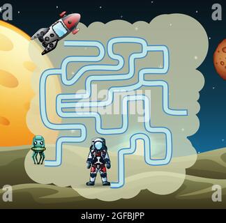 Labirinto gioco di astronauta trovare un percorso a razzo Illustrazione Vettoriale