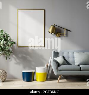 Cornice poster in mockup con sfondo moderno, parete grigia, rendering 3D Foto Stock