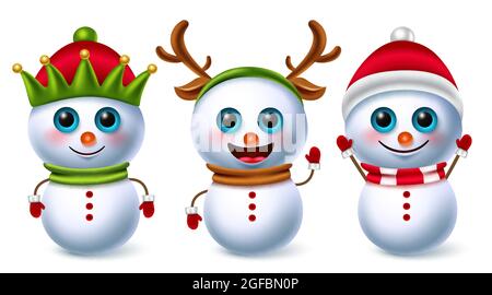 Set vettore personaggio di natale Snowman. Personaggi 3d Snow man in simpatico costume come babbo natale, elfo e renna per la collezione invernale natalizia della stagione natalizia. Illustrazione Vettoriale