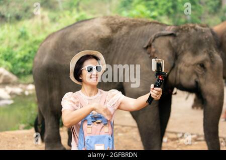 Asian di mezza età donna turistica rilassarsi e fare una foto con elefanti a chiang mai, Thailandia. Foto Stock